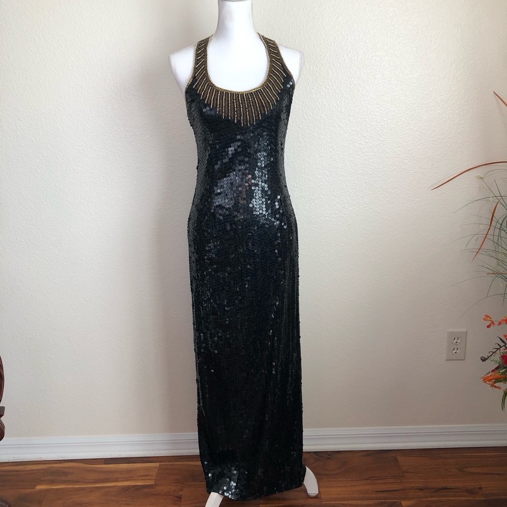 Laurence Kazar vintage 1980s sequin dress Gown halter neckline Beaded Straps